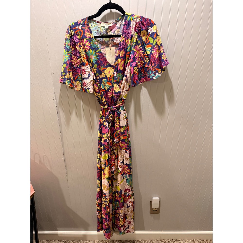 Easel Los Angeles Floral Maxi Dress V-Neck Tiered Flutter Sleeve Multi-Color S